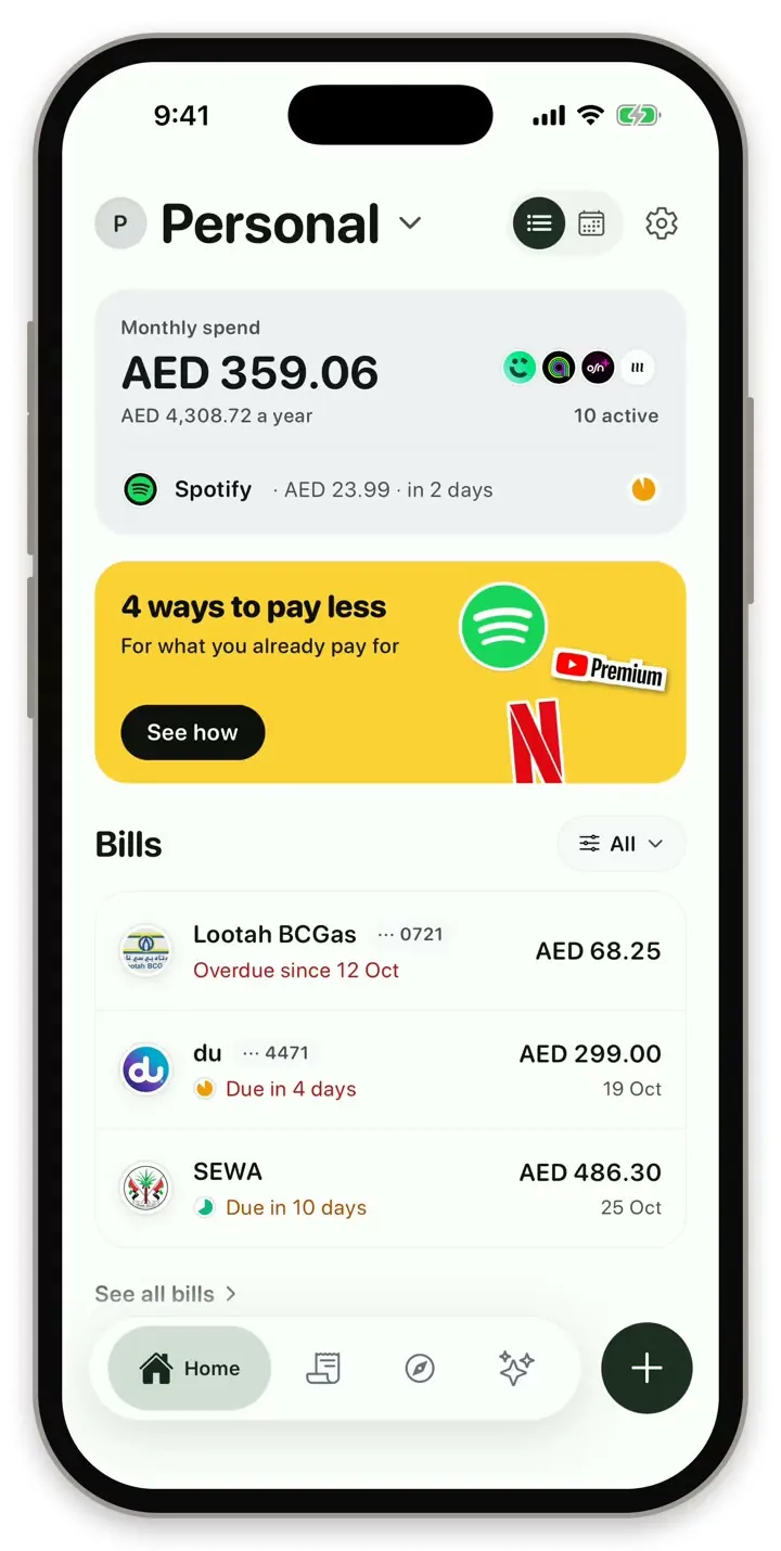 Rasid's Home screen on iPhone, with monthly spend, the next renewal and bills due soon.