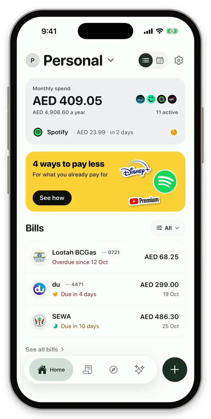 Rasid's Discover tab on iPhone, showing a card that says "You pay for 2 music services".