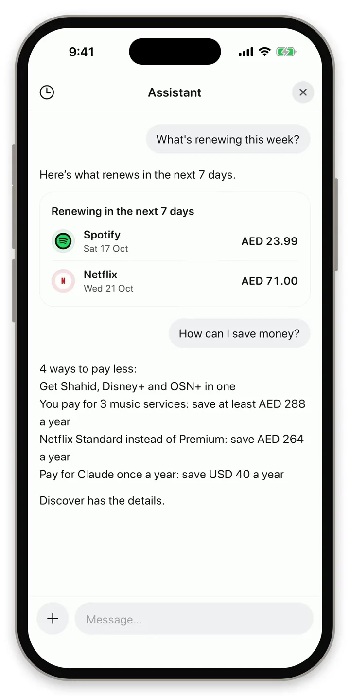 Rasid's Assistant on iPhone, answering "What's renewing this week?" with a list of renewals and their amounts.