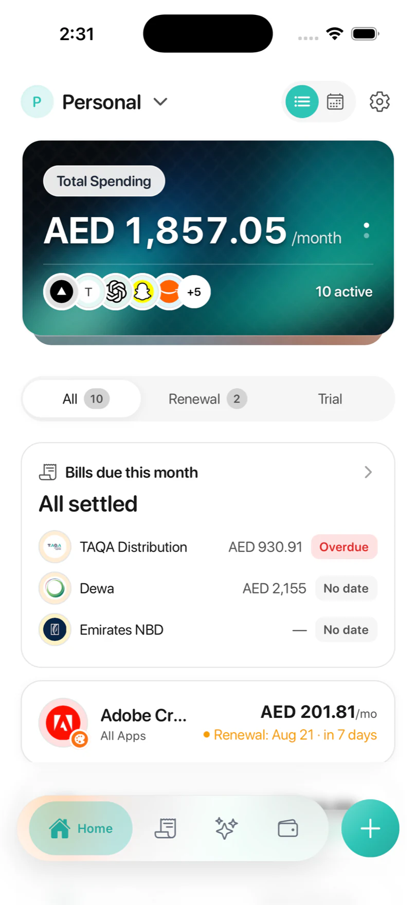 Rasid's home screen showing AED 1,857.05 a month across 10 active subscriptions, with TAQA overdue and DEWA below it