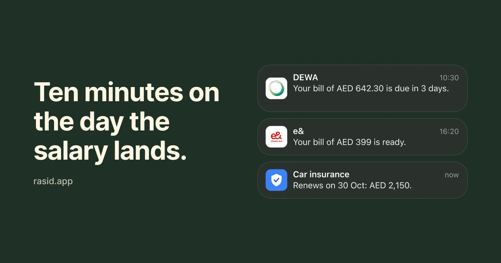 Two real Rasid screens: a notification, Spotify renews on Thursday, AED 23.99, 2 days to decide, and an assistant reply listing what renews in the next 7 days