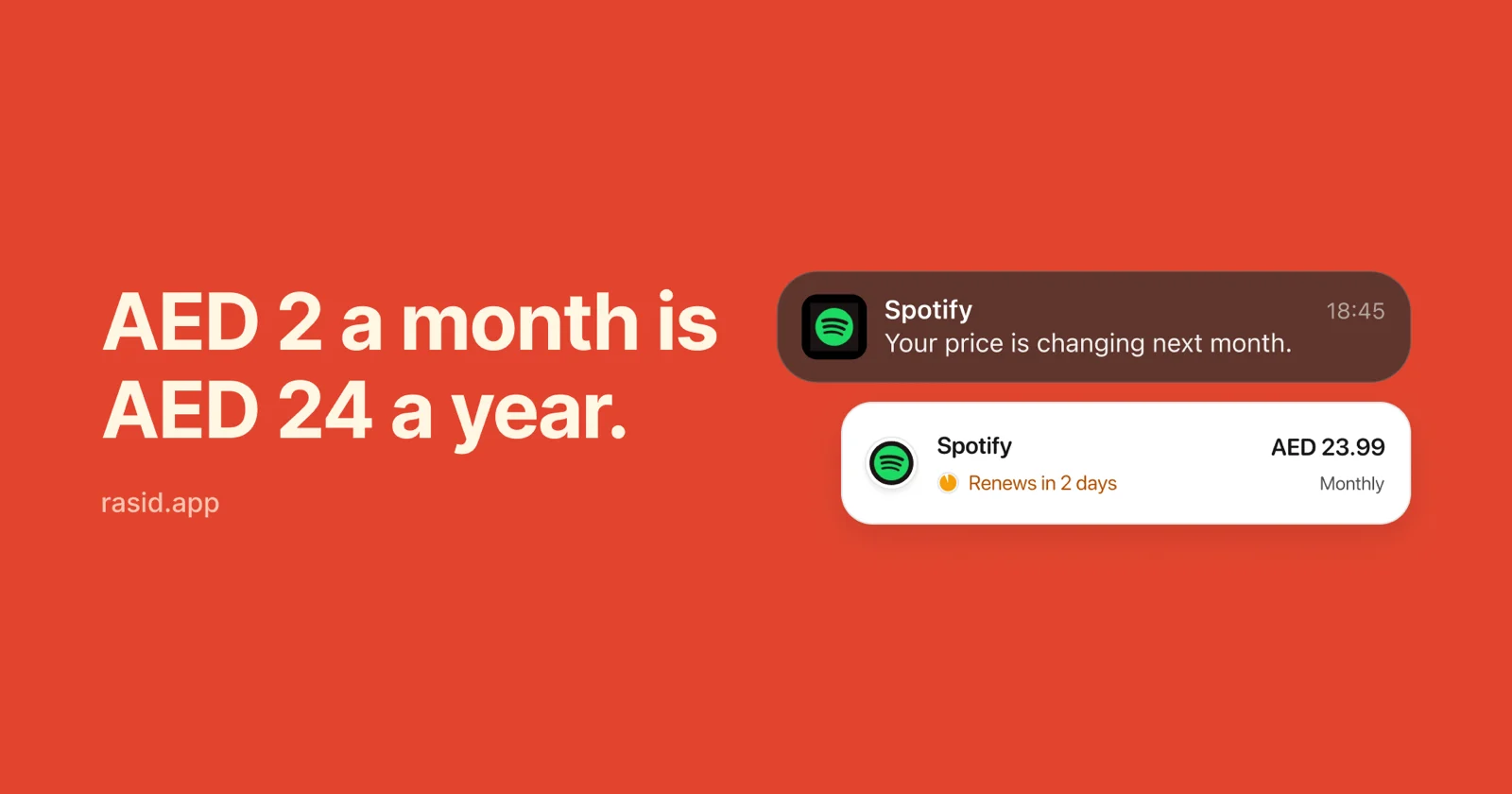 A Rasid notification, Spotify's price changed: now AED 23.99 a month, was AED 21.99, above the subscription list showing Netflix AED 71.00 and Spotify AED 23.99